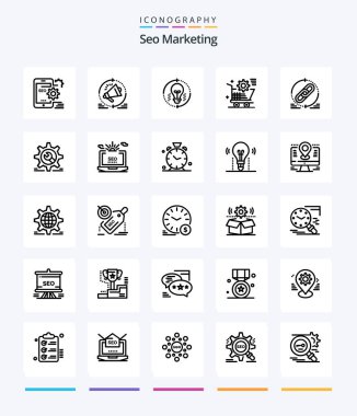 Yaratıcı Seo Pazarlama 25 OutLine simgesi ayar gibi. El arabası. Duyuru. Yenile. ışık