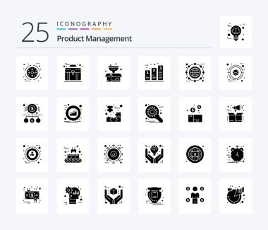 Ürün Yönetimi 25 Katı Glyph simgesi paketi, dünya da dahil. İşlem yapılıyor. Kutu. Grafik. çubuk