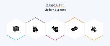 Modern Business 25 Glyph simge paketi, diyaloglar da dahil. Sohbet. Satış. Konuş. seyahat