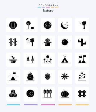 Yaratıcı Doğa 25 Glyph Katı Siyah ikon paketi. Doğa gibi. Ağaç. Toprak. Doğa. yarım ay