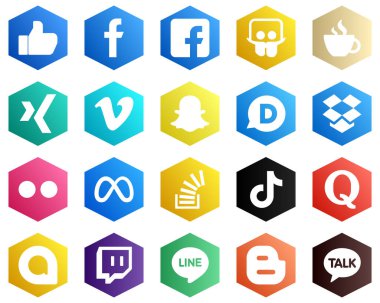 Meta gibi altıgenli Düz Renk Beyaz Simge Kümesi. flickr. Bırakma kutusu ve Snapchat simgeleri. 25 Modern Simge