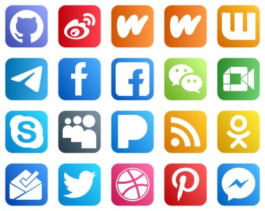 Video gibi 20 Eşsiz Sosyal Medya Simgesi. Haberci. Telgraf var. Biz ve FB simgeleri. Yaratıcı ve yüksek çözünürlüklü