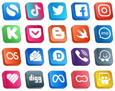 20 Isometric 3D Icons for Top Social Media Platforms such as blogger. funding. facebook. kickstarter and meta icons. Fully customizable and professional