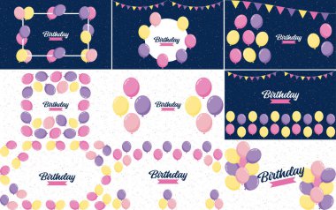 Happy Birthday design with a pastel color scheme and a hand-drawn cake illustration