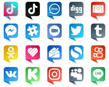 20 Unique Chat bubble style Social Media Icons such as zoom. fb. facebook and mail icons. Eye catching and high definition
