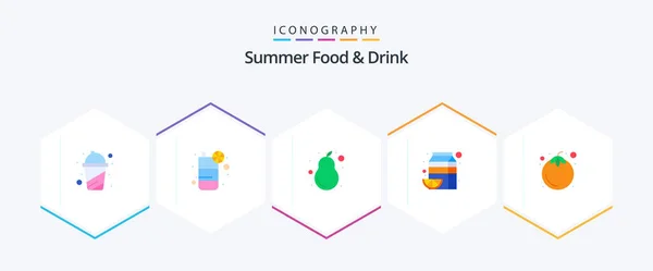 Summer Food Drink Flat Icon Pack Including Mangosteen Orange Fruits — Stock Vector