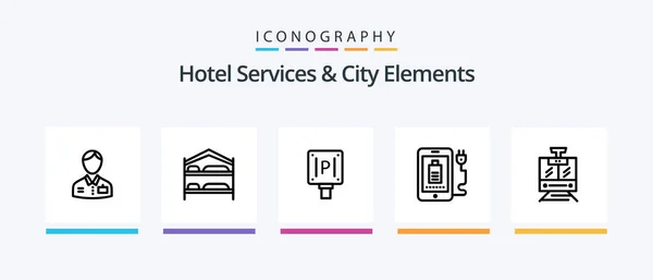 Otel Hizmetleri Şehir Elementleri Hattı Simge Paketi Çanak Dahil Otelde — Stok Vektör