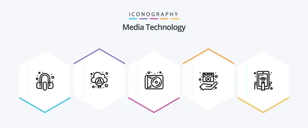 Media Technology Line Icon Pack Including Hand Media Player Device — Vetor de Stock