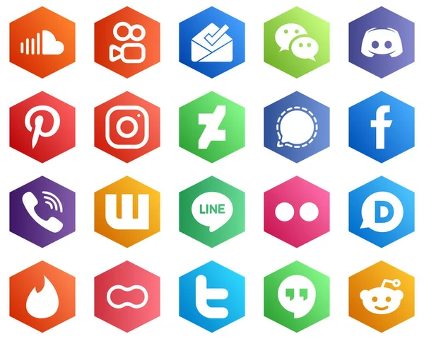 Hexagon Flat Color White Icon Set Mesenger Deviantart Message Instagram — Stockvektor