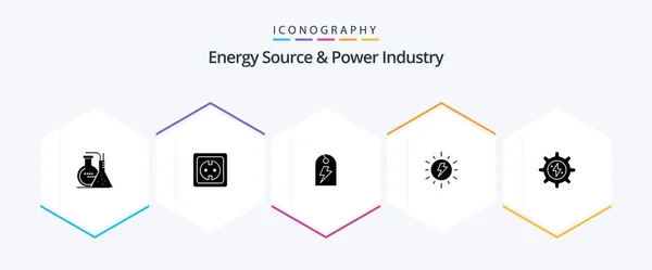 Energy Source Power Industry Glyph Icon Pack Including Charg Solar — Stock Vector