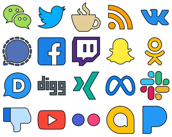 Moderna Linje Fyllda Sociala Medier Ikoner Samling Såsom Snapchat Foder — Stock vektor