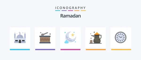Ramadan Flat Icon Pack包括Iftar 钟表新月 创意偶像设计 — 图库矢量图片
