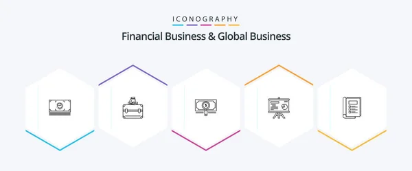 Paquete Iconos Financial Business Global Business Line Incluido Libro Proyector — Vector de stock