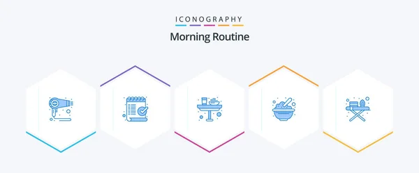 Morning Routine Blue Icon Pack Including Oats Cereals Bowl Glass — 图库矢量图片