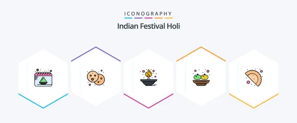 Holi Filledline Icon Pack Including Food India Light Party Oil — Stock Vector