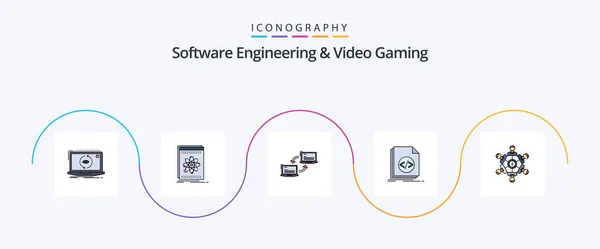 Software Engineering Video Gaming Line Filled Flat Icon Pack Including — Stock Vector