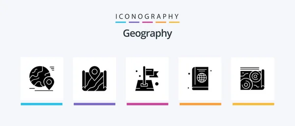 Geo Graphy Glyph Pakiet Ikon Tym Okładka Paszport Wygoogle Mapę — Wektor stockowy