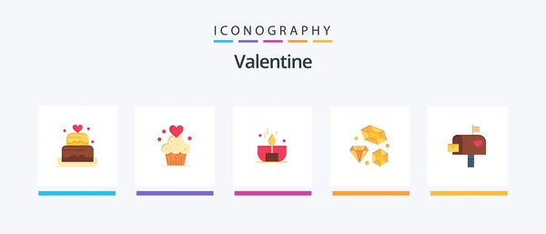Valentine Flat Icon Pack Mit Kerze Tag Kuchen Valentinen Süßigkeiten — Stockvektor