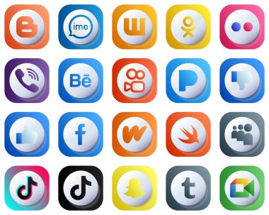 Cute 3D Gradient Icons for Popular Social Media 20 pack such as facebook. pandora. flickr and kuaishou icons. Modern and High-Quality