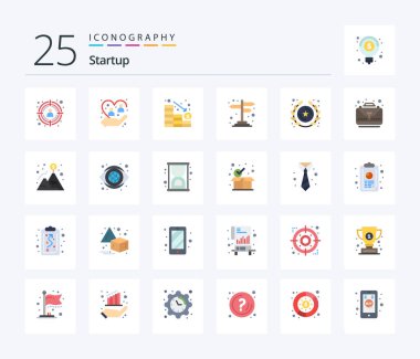 Startup 25 Flat Color icon pack including insignia. cross road. analytics. sign. direction
