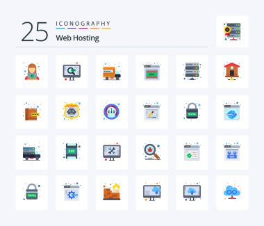 Web Hosting 25 Flat Color icon pack including server. data. hosting. error. browser