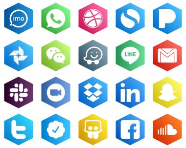 Hexagon Flat Color White Icon Collection such as zoom. mail. google photo. email and line icons. 25 High-quality Icons