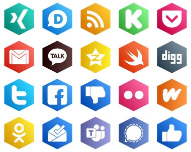25 Minimalistic White Icons such as tweet. digg. email. swift and tencent icons. Hexagon Flat Color Backgrounds
