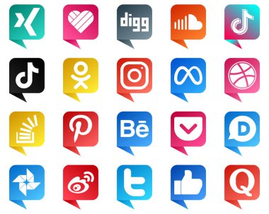 Chat bubble style Social Media Brand Icon Set 20 icons such as dribbble. meta. video and instagram icons. Premium and high quality