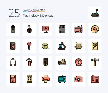 Devices 25 Line Filled icon pack including cd. audio. service. fm. sd