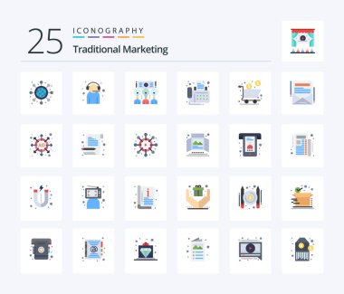 Traditional Marketing 25 Flat Color icon pack including box. fax. meeting. contact. workshop