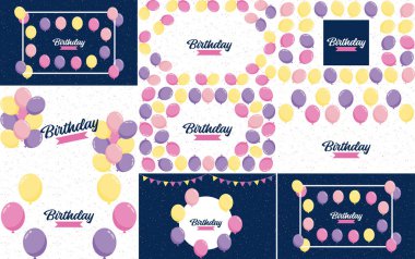 Happy Birthday written in a decorative. vintage font with a background of party streamers and confetti