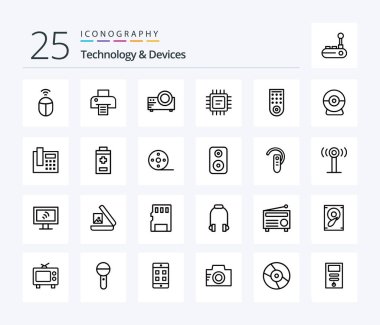 Devices 25 Line icon pack including webcam. tv. movie. remote. processor