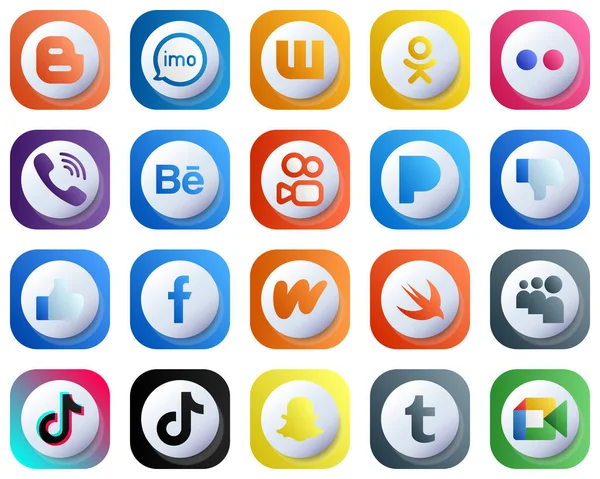 Cute 3D Gradient Icons for Popular Social Media 20 pack such as facebook. pandora. flickr and kuaishou icons. Modern and High-Quality