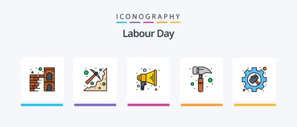 Labour Day Line Filled Icon Pack Including Concrete Tool Mining — Stock Vector