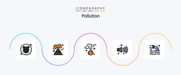 Pollution Line Filled Flat Icon Pack Including Radioactive Pipe Fire — ストックベクタ