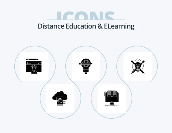 Distance Education Elearning Glyph Icon Pack Icon Design Bulb Pen — Vector de stock