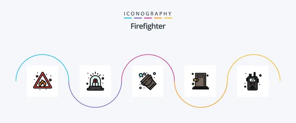Firefighter Line Filled Flat Icon Pack Including Police Radio Fire — Stock Vector
