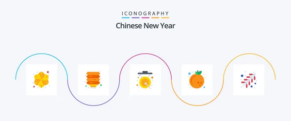 Año Nuevo Chino Piso Icon Pack Incluyendo Fuego Naranja Asiática — Archivo Imágenes Vectoriales