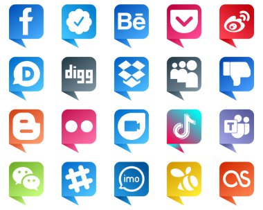 Chat bubble style Social Media Brand Icons 20 pack such as blog. facebook. china. dislike and dropbox icons. Fully editable and unique