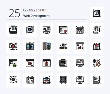 Web Development 25 Line Filled icon pack including blueprint. mockup design. development. setting. development