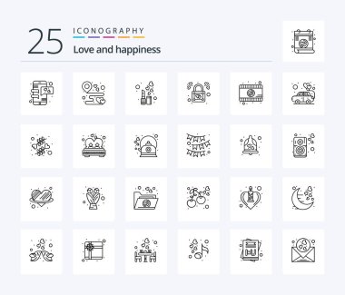 Love 25 Line icon pack including romantic movie. love. party. lock. lip stick