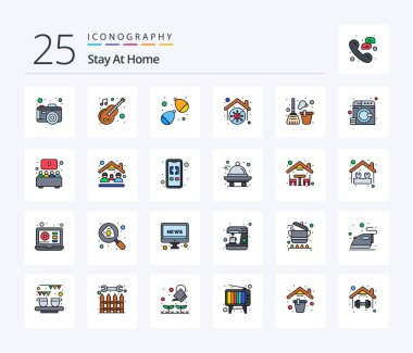 Stay At Home 25 Line Filled icon pack including home. bucket. balloon. stay. home