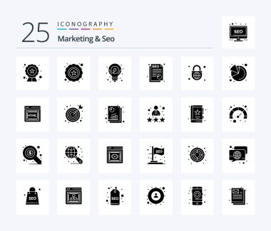 Marketing And Seo 25 Solid Glyph icon pack including globe with lock. globe. seo. security. seo