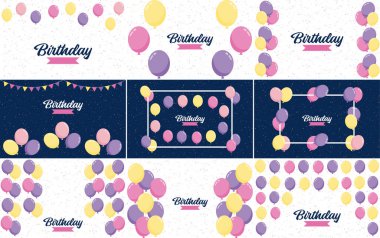 Happy Birthday in a playful. bubbly font with a background of balloons and party streamers