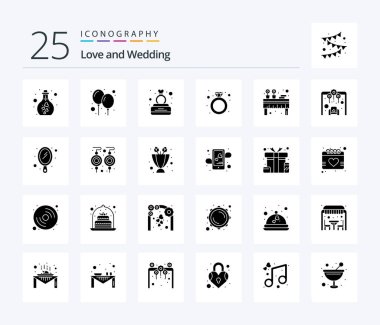 Wedding 25 Solid Glyph icon pack including banquet. jewelry. box. engagement. ring