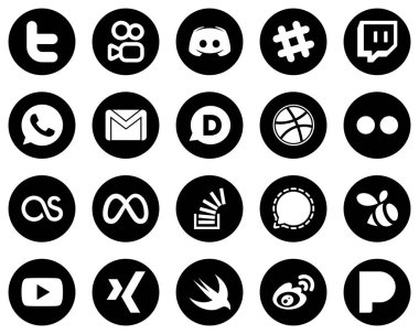 20 High-Resolution White Social Media Icons on Black Background such as lastfm. flickr. twitch. dribbble and mail icons. Clean and professional