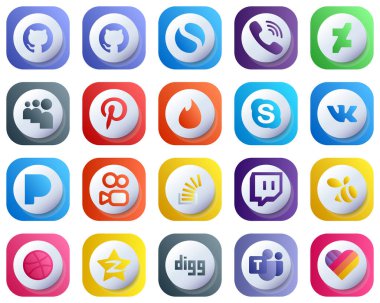 20 Cute 3D Gradient Elegant Social Media Icons such as overflow. question. tinder. stockoverflow and pandora icons. Modern and Clean