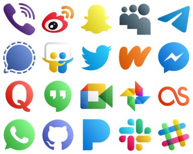 Gradient Icons for Popular Social Media 20 pack such as tweet. slideshare. myspace and signal icons. High definition and unique