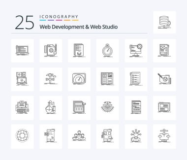 Web Development And Web Studio 25 Line icon pack including optimization. done. feedback. mark. list