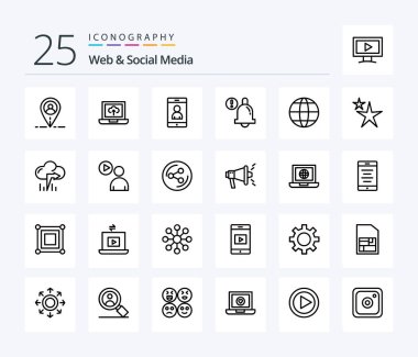 Web And Social Media 25 Line icon pack including world . bell. alert .